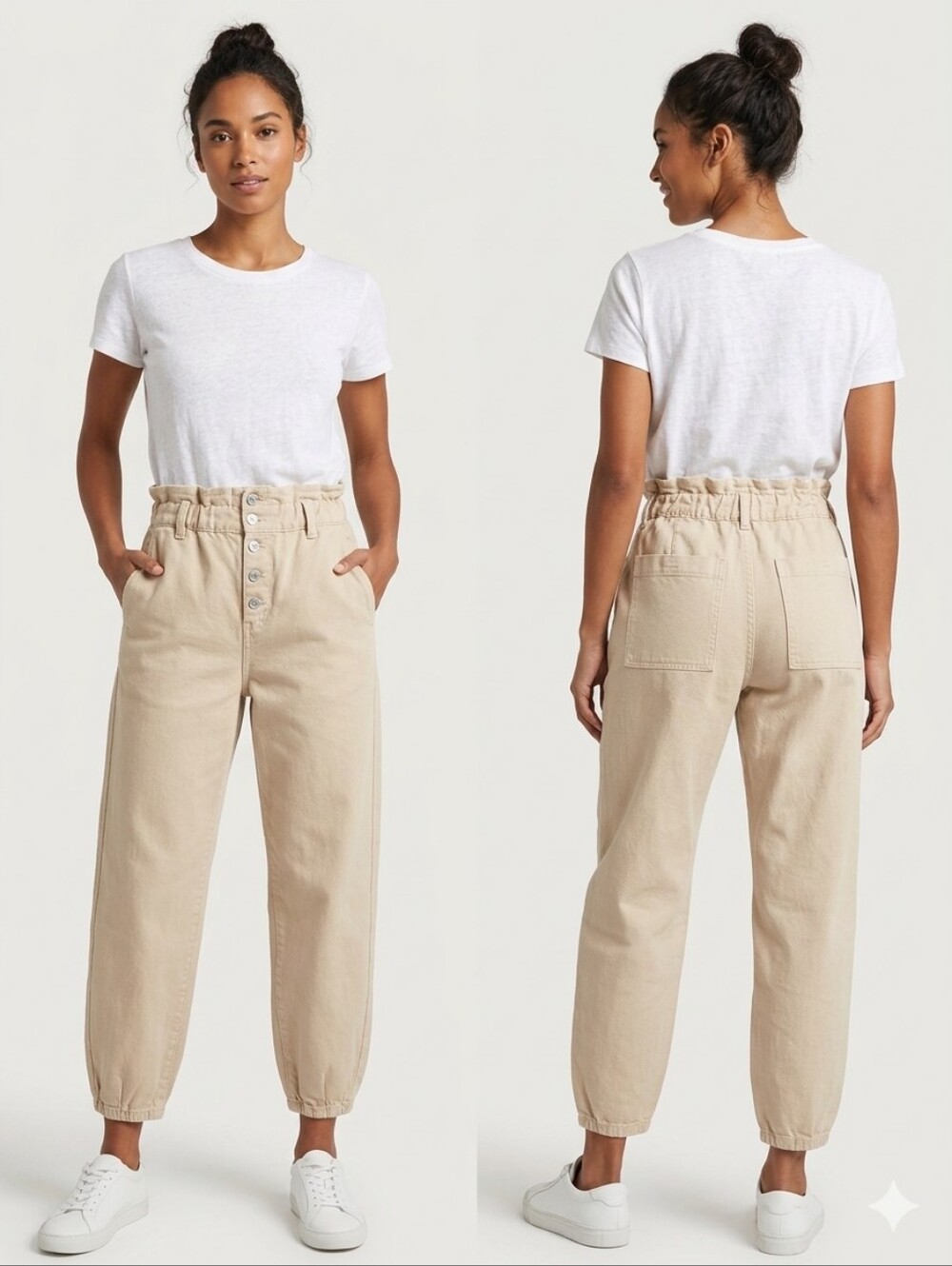Zara High Rise Paperbag Waist Balloon Jogger Pants Beige Khaki 8